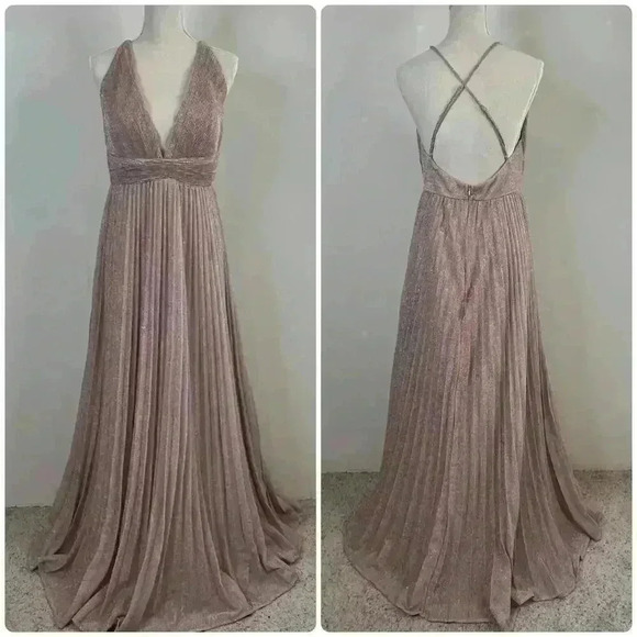 Lulus Sparkly Blush Pink Pleated Maxi Dress Formal Evening Gown Size L - Picture 2 of 16
